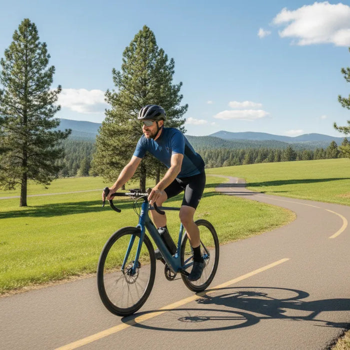 Cyclist riding a torque-sensing electric bike smoothly along a Central Oregon path