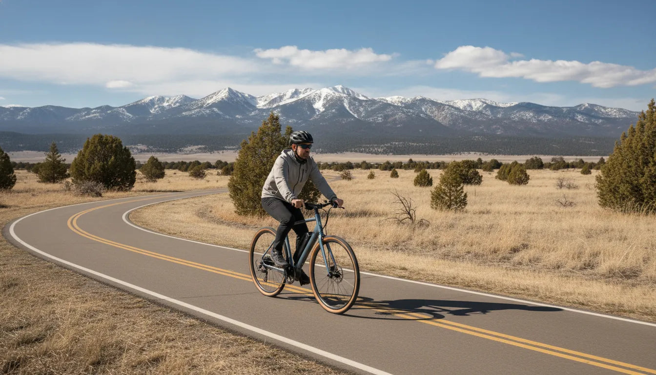 Rider on a torque-sensing electric bike along a Central Oregon bike path with mountain views