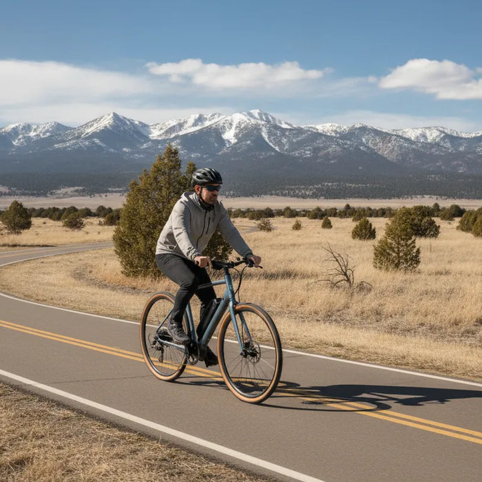 Rider on a torque-sensing electric bike along a Central Oregon bike path with mountain views