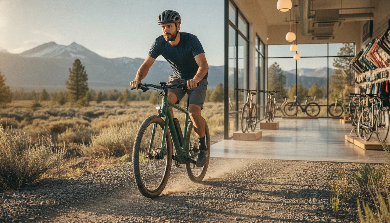 Rider on a modern torque-sensing electric bike gliding along a scenic Central Oregon trail