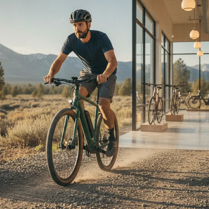 Rider on a modern torque-sensing electric bike gliding along a scenic Central Oregon trail