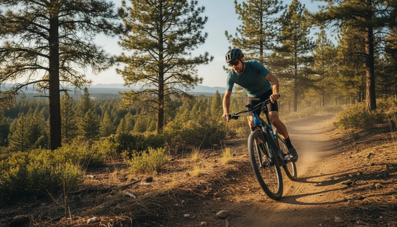 Cyclist riding a torque-sensing electric bike up a Central Oregon trail