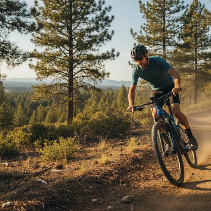 Cyclist riding a torque-sensing electric bike up a Central Oregon trail
