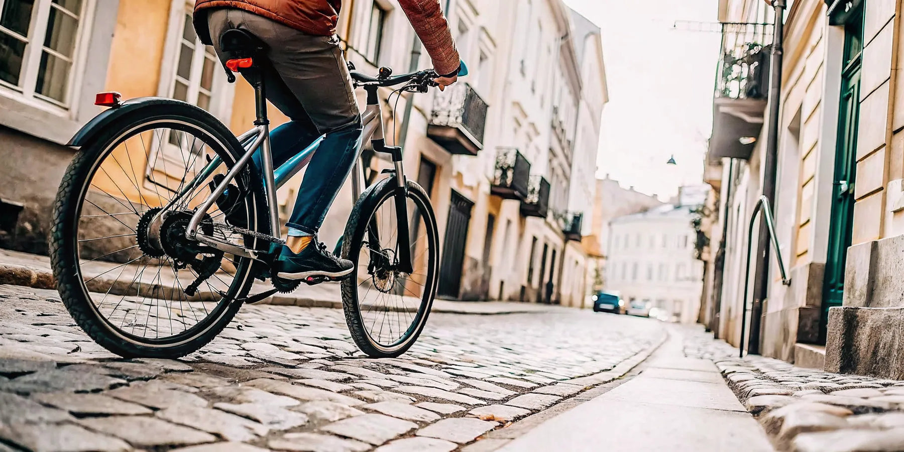 Rider on a torque sensing ebike climbing a steep cobblestone hill.