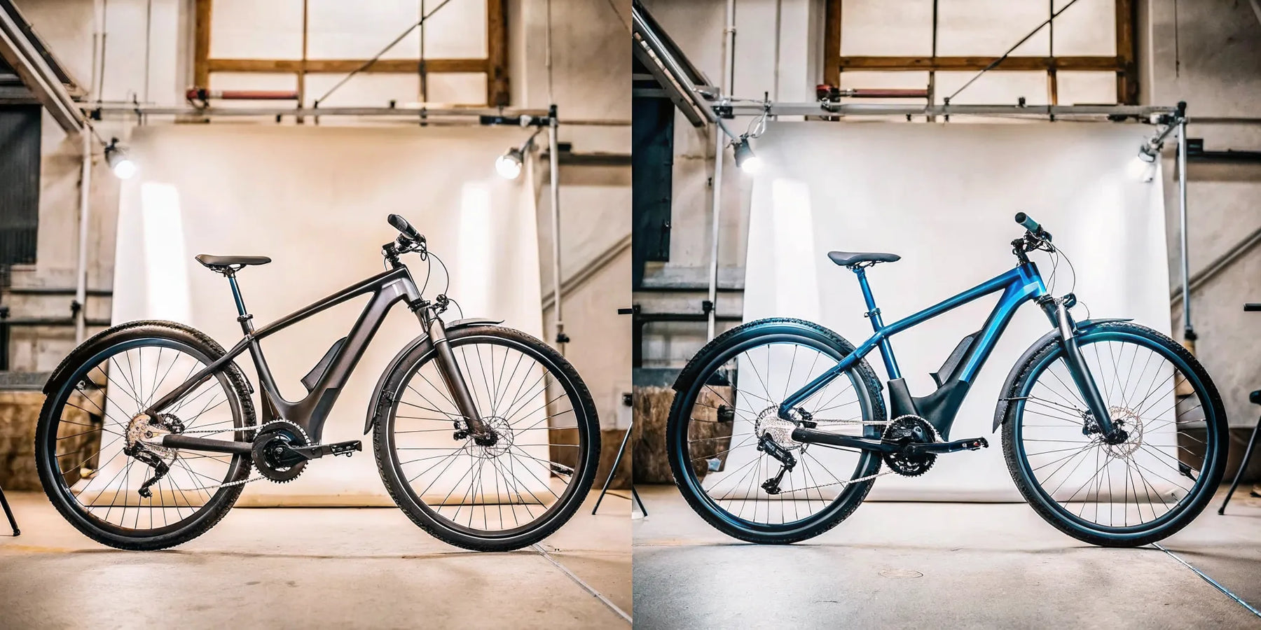 A side-by-side view of two e-bikes for a torque vs. cadence sensor comparison.