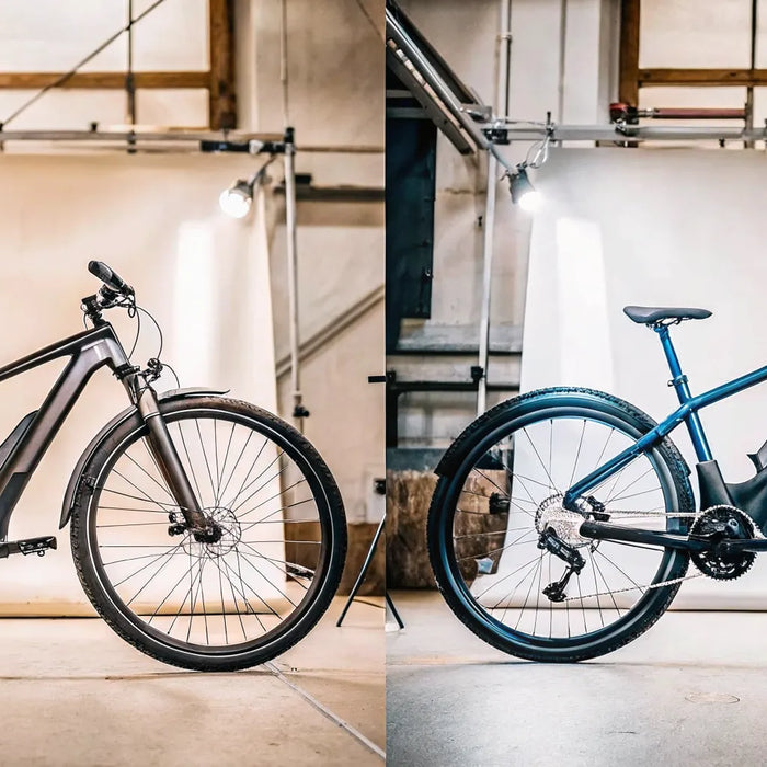 A side-by-side view of two e-bikes for a torque vs. cadence sensor comparison.