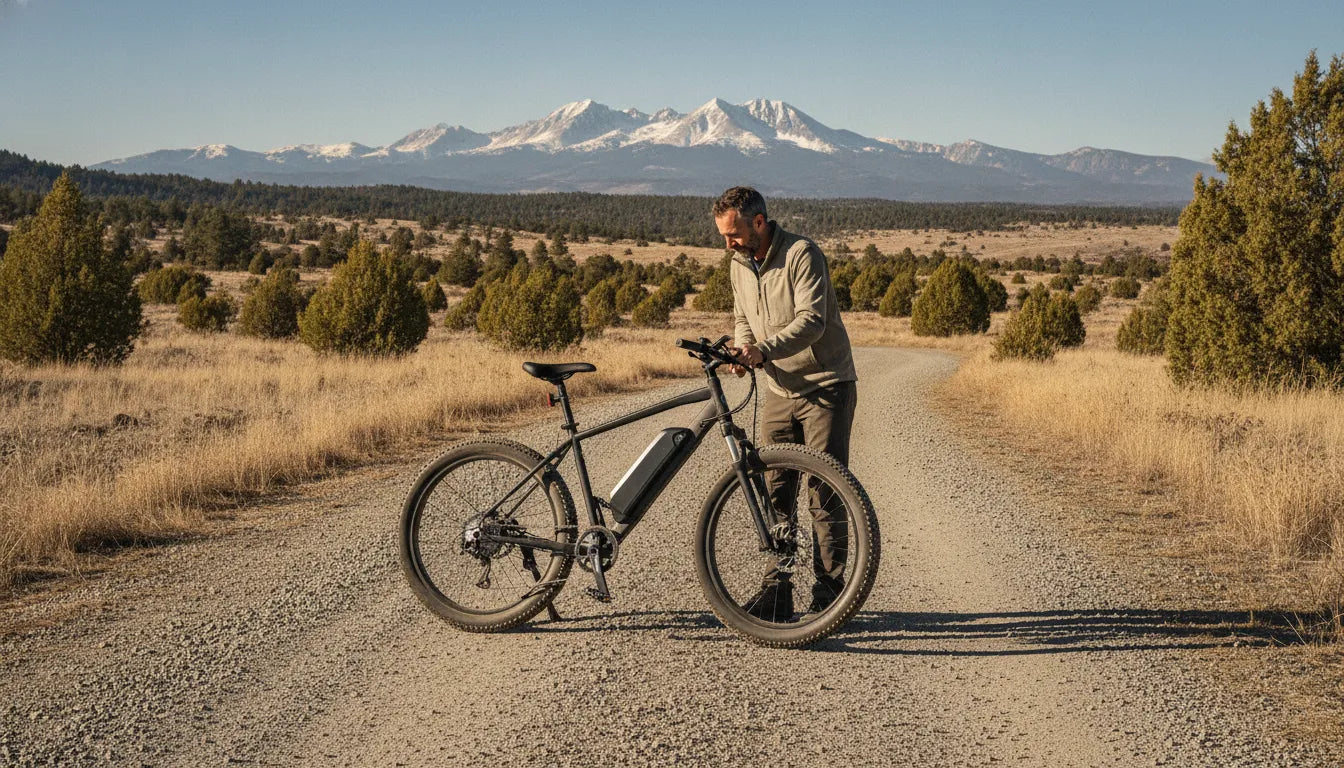 Adult rider evaluating a fat tire electric bike on a Central Oregon trail