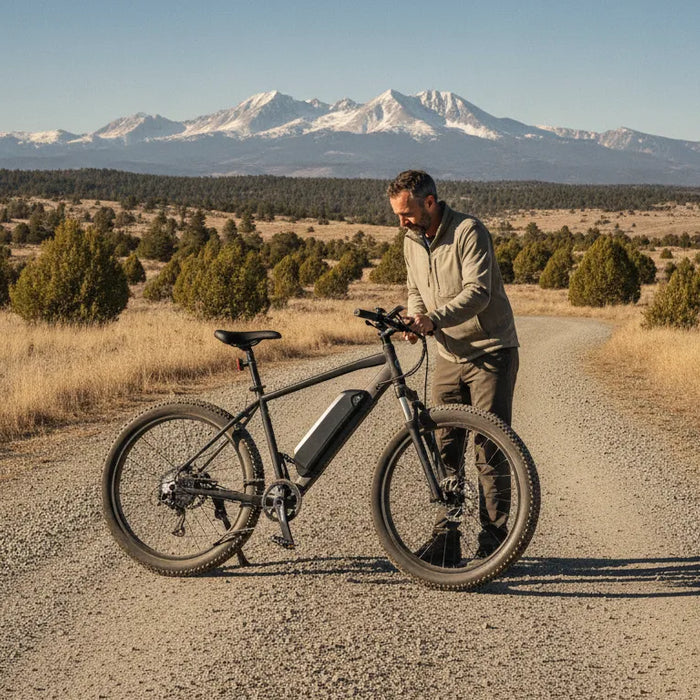 Adult rider evaluating a fat tire electric bike on a Central Oregon trail