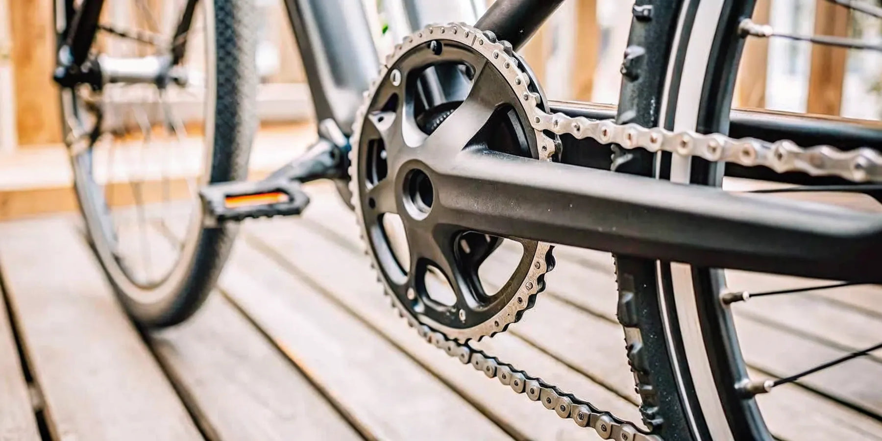 Close-up of an ebike's torque sensing pedal assist system at the crank and chainring.