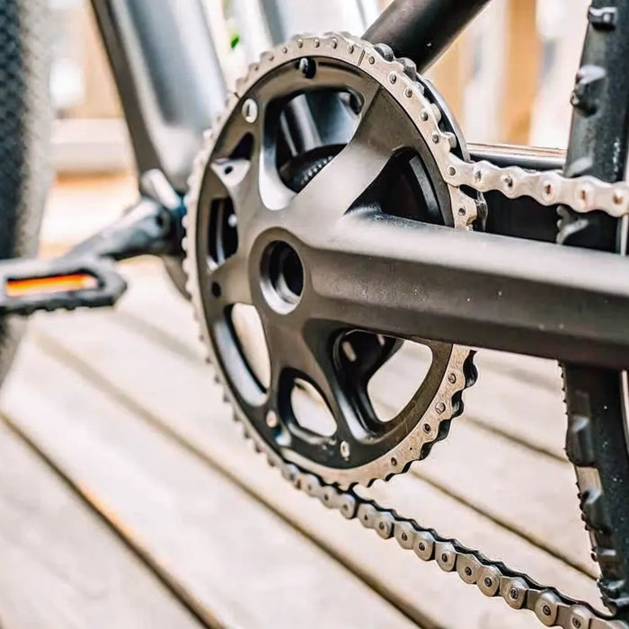 Close-up of an ebike's torque sensing pedal assist system at the crank and chainring.