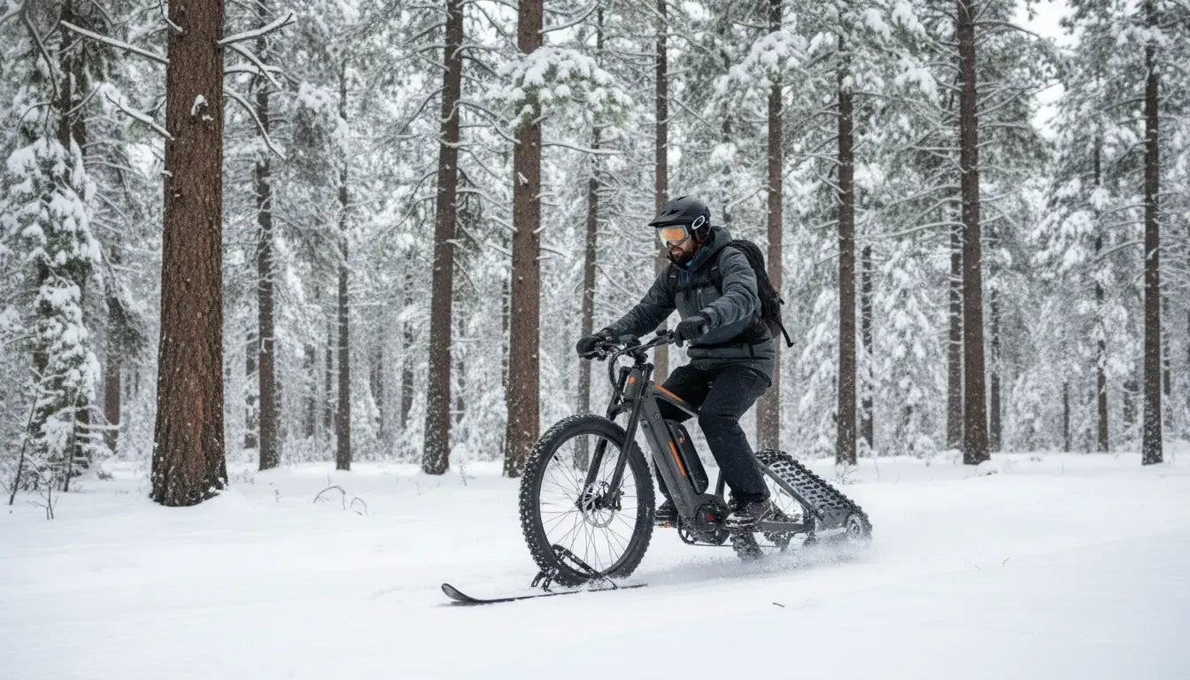 Electric snow bike riding through a snowy Central Oregon forest