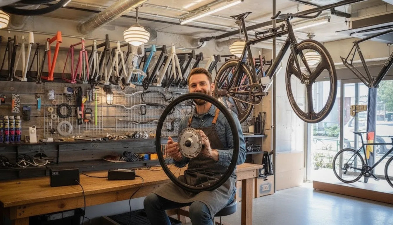 E-bike technician assembling an electric bike wheel in a bright local bike shop workbench