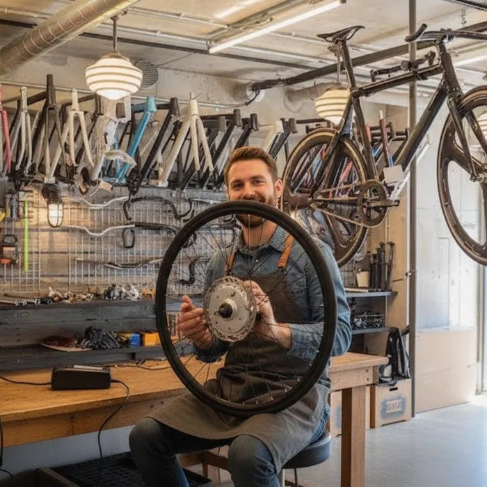 E-bike technician assembling an electric bike wheel in a bright local bike shop workbench