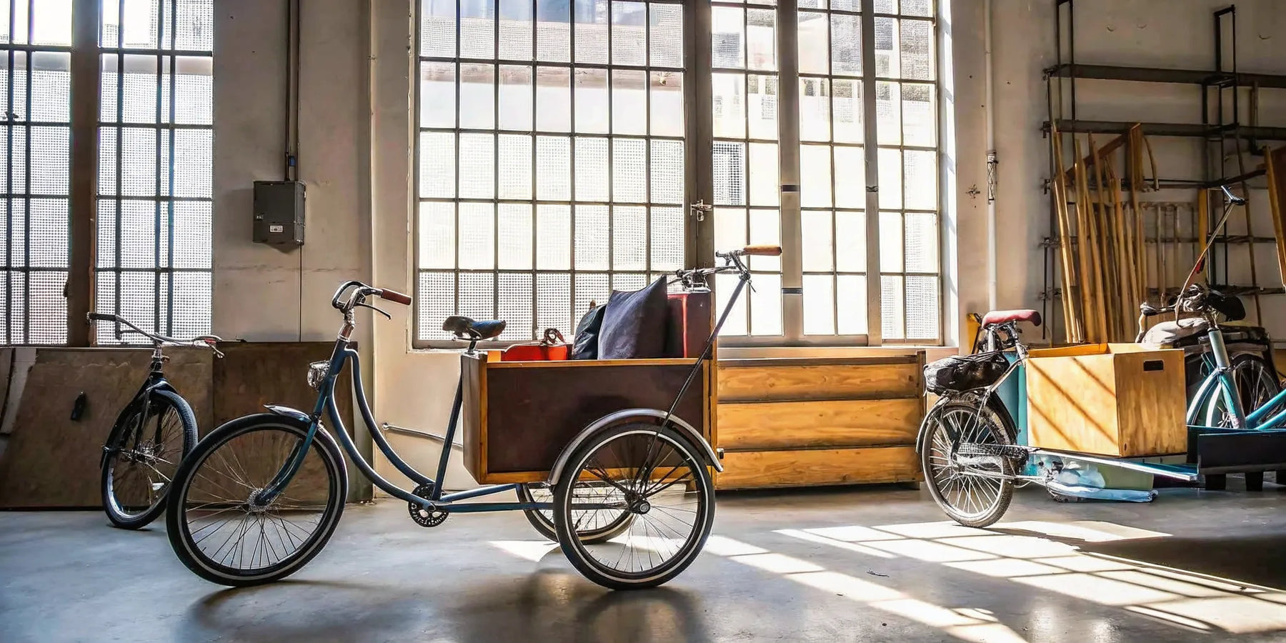 A variety of family cargo bike models, including front-loading and trike styles.