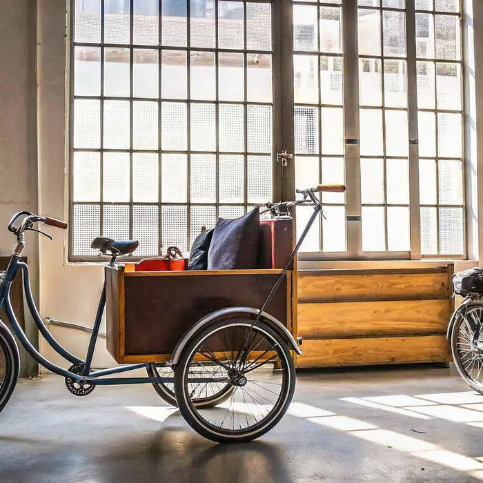 A variety of family cargo bike models, including front-loading and trike styles.