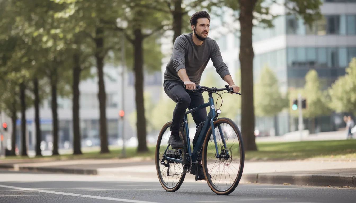 Rider commuting on a modern torque-sensing e-bike through a sunny city street