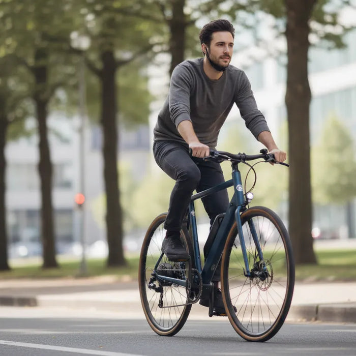 Rider commuting on a modern torque-sensing e-bike through a sunny city street