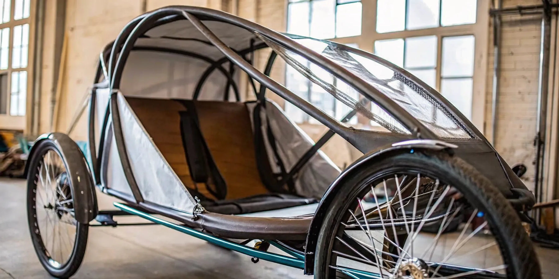 Enclosed electric recumbent trike with an aerodynamic shell for all-weather riding.